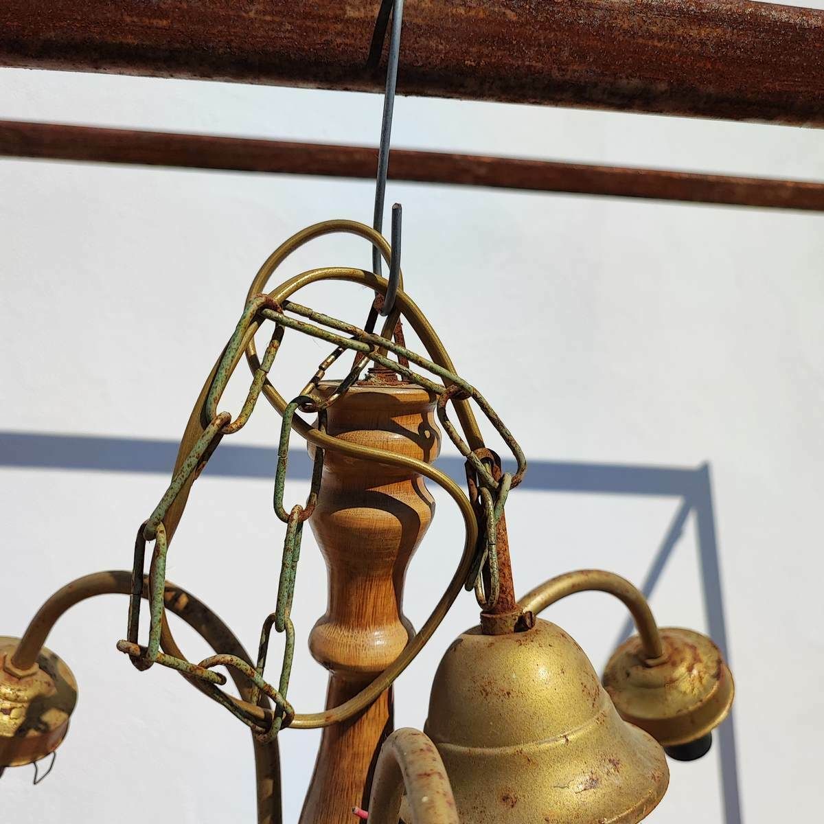 Vintage 3 Arm Chandelier In Brass Plated Metal And Wood photo Lighting