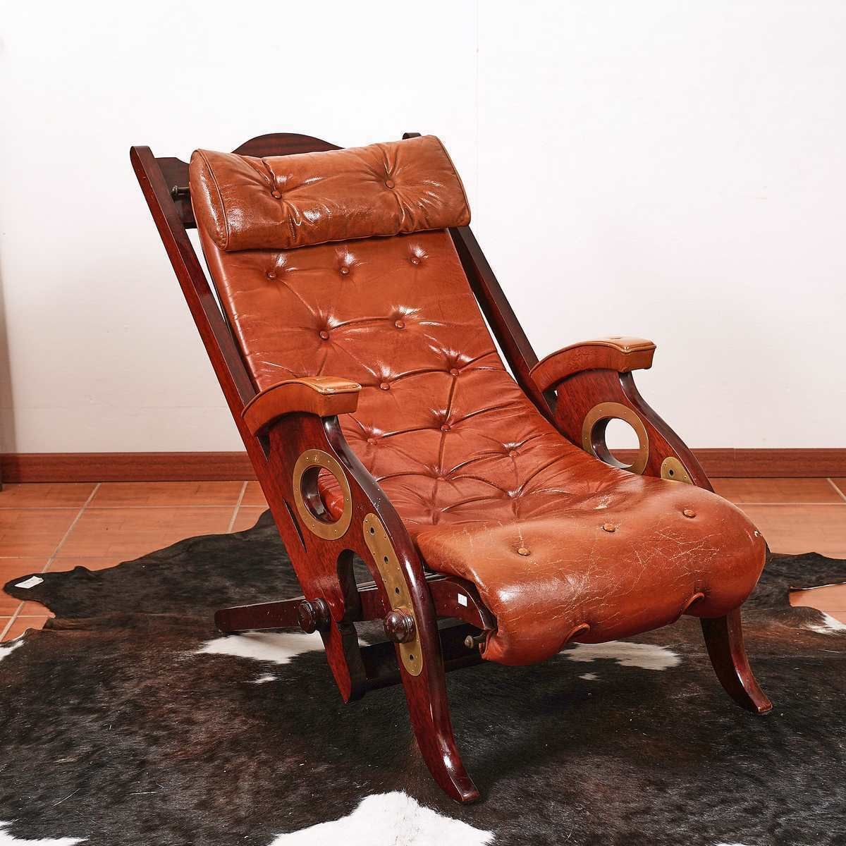 Deco Armchair In Leather And Mahogany, Marine Style