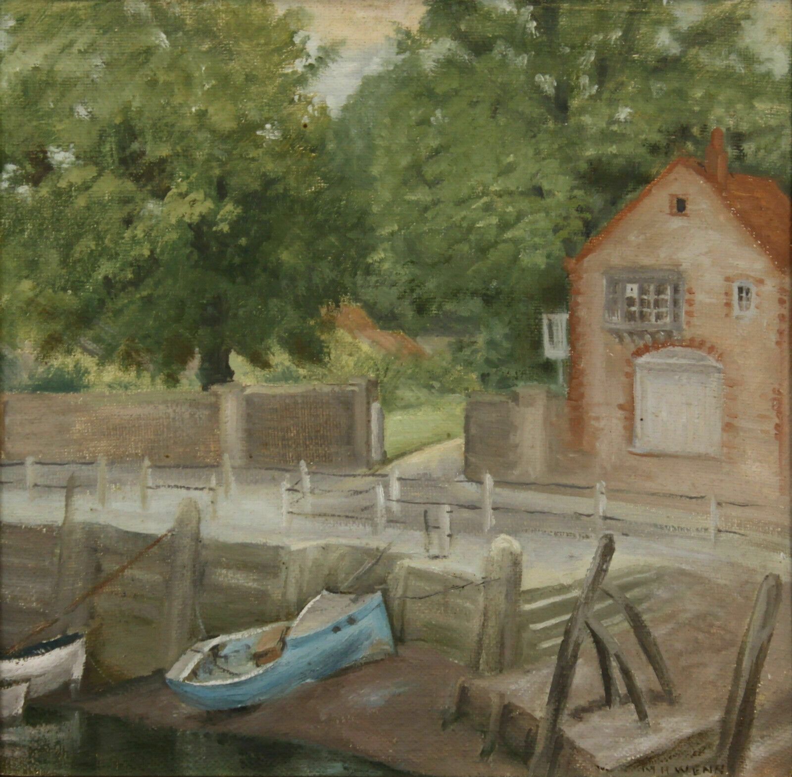 Oil On Board By Margaret H Wenn. Boats By The Riverside photo furniture
