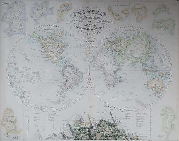 Large Original Antique Map Of The World, Fullarton, C.1870 photo furniture