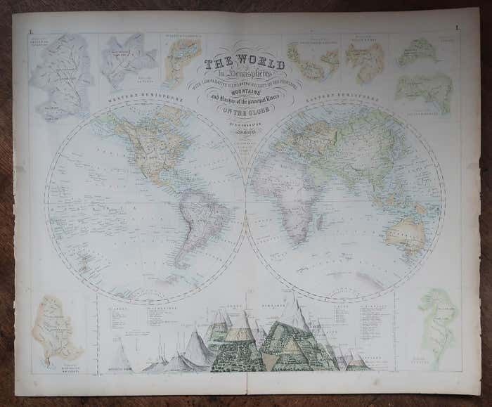 Large Original Antique Map Of The World, Fullarton, C.1870 photo for sale