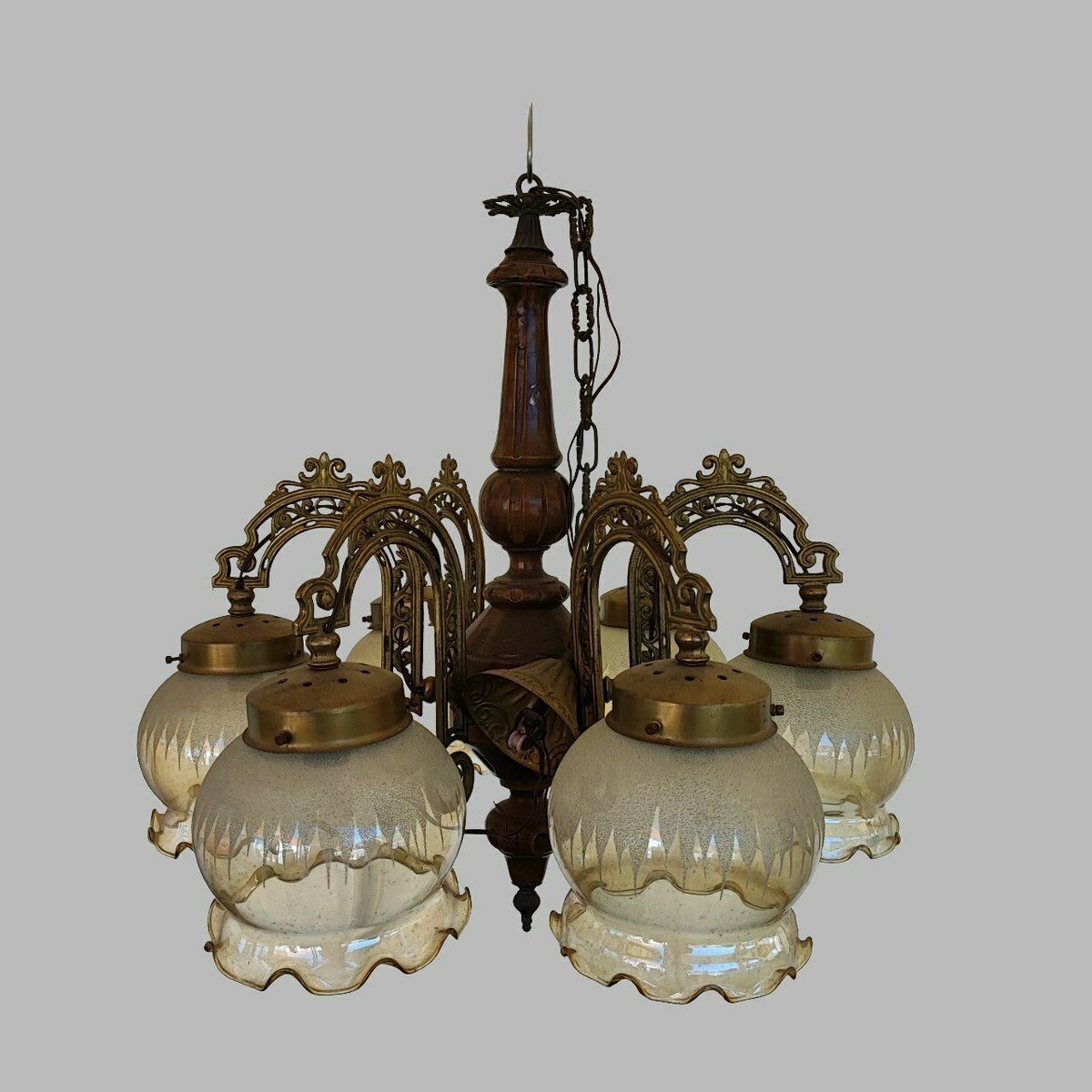 6 Arm Glass, Wood And Metal Chandelier
