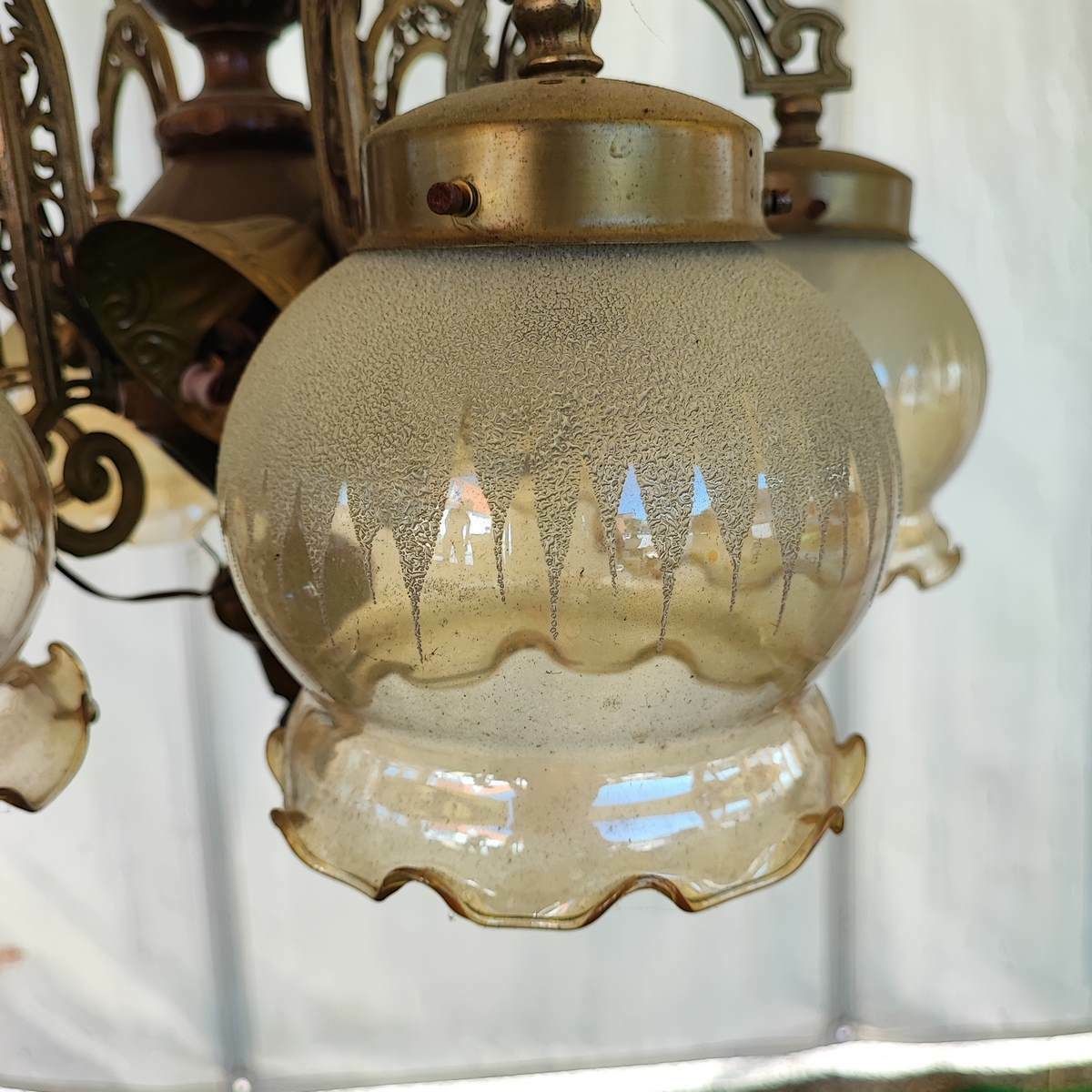 6 Arm Glass, Wood And Metal Chandelier photo Lighting