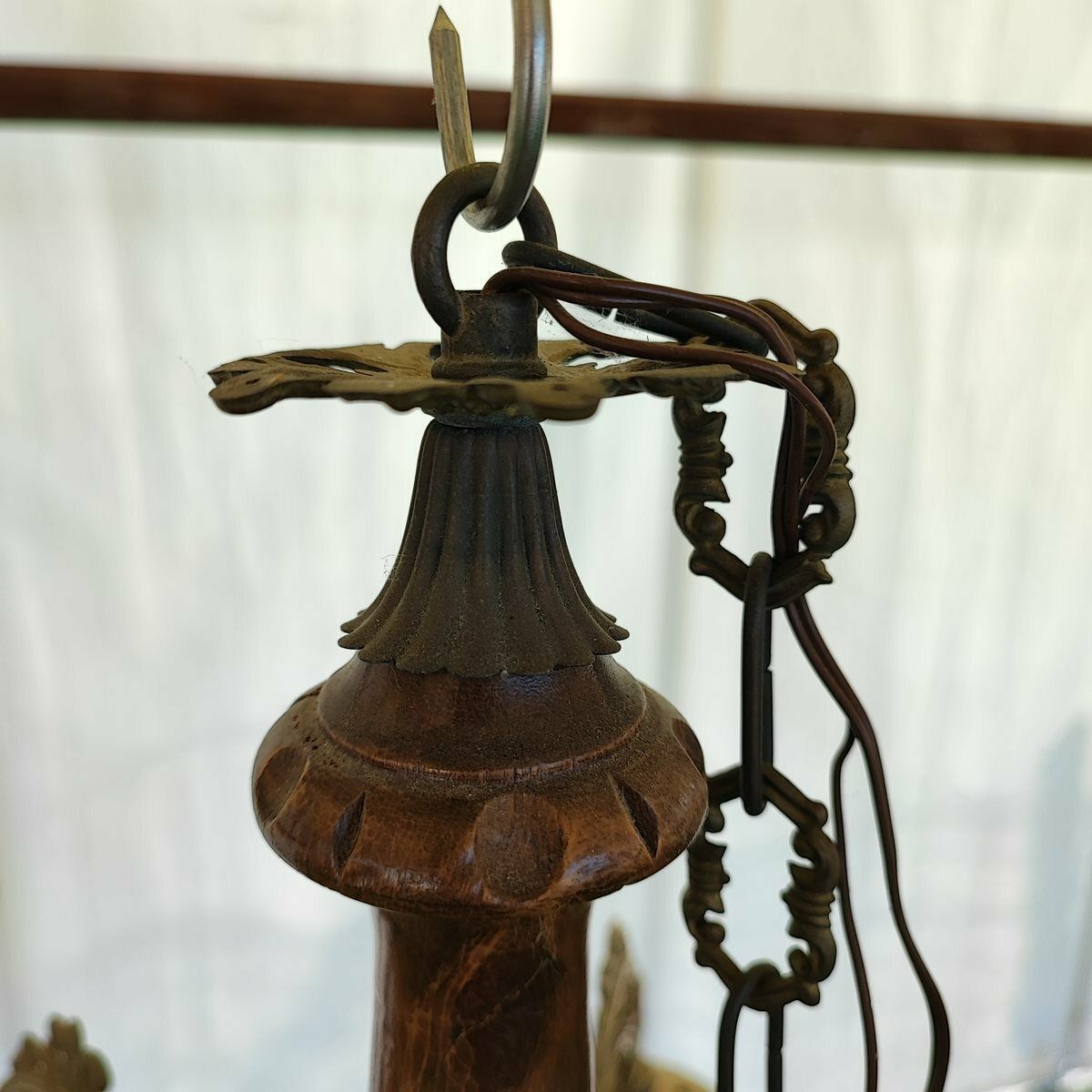 6 Arm Glass, Wood And Metal Chandelier photo vinterior
