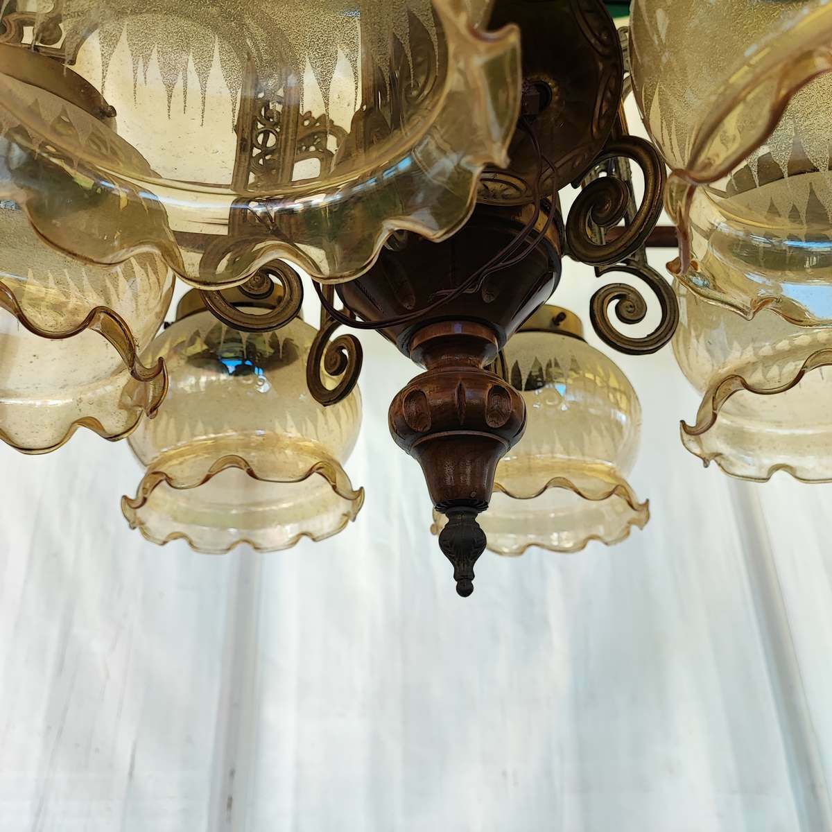 6 Arm Glass, Wood And Metal Chandelier photo vintage