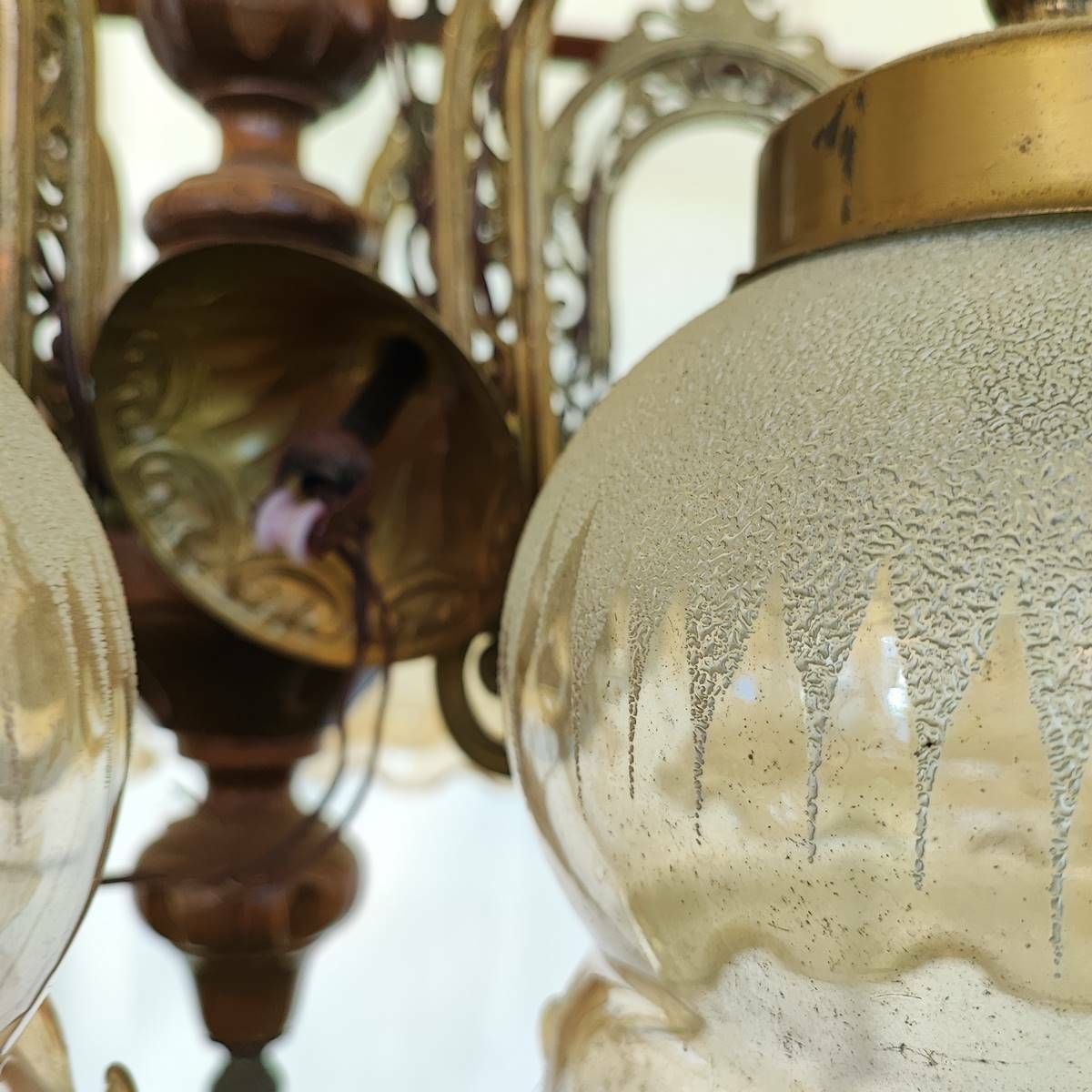 photo for sale 6 Arm Glass, Wood And Metal Chandelier