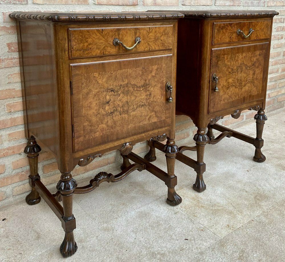 photo vinterior French Walnut And Burl Nightstands With Drawer, 1940, Set Of 2