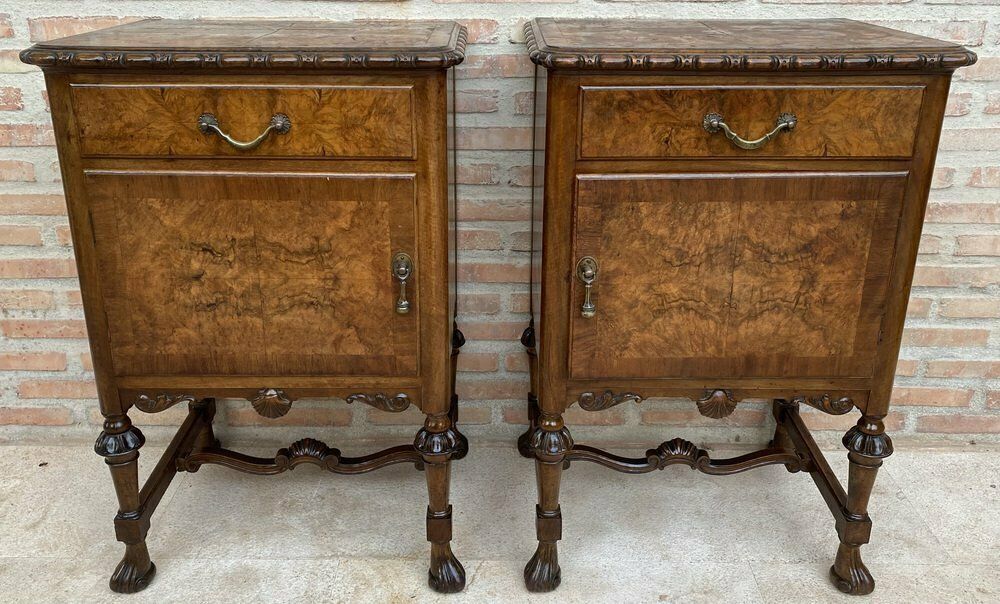 photo buy French Walnut And Burl Nightstands With Drawer, 1940, Set Of 2