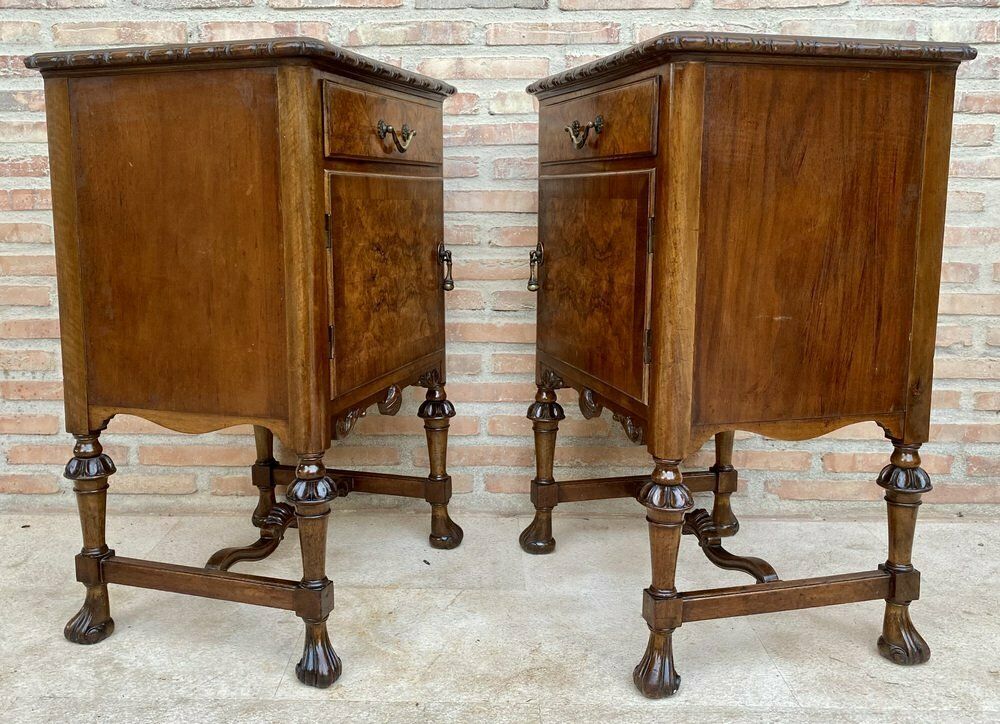 photo vintage French Walnut And Burl Nightstands With Drawer, 1940, Set Of 2