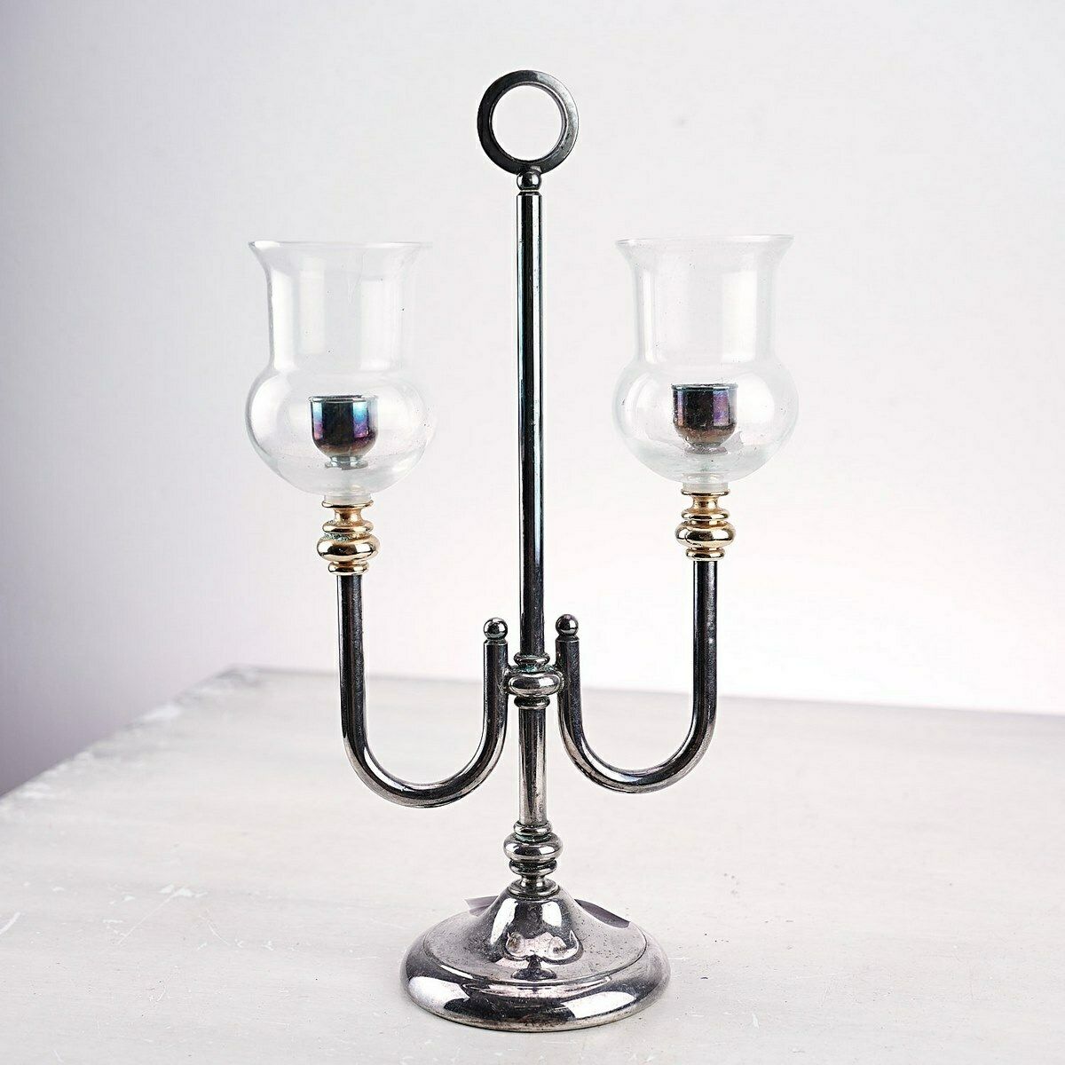 Vintage Deco Two Armed Candelabra With Glasses