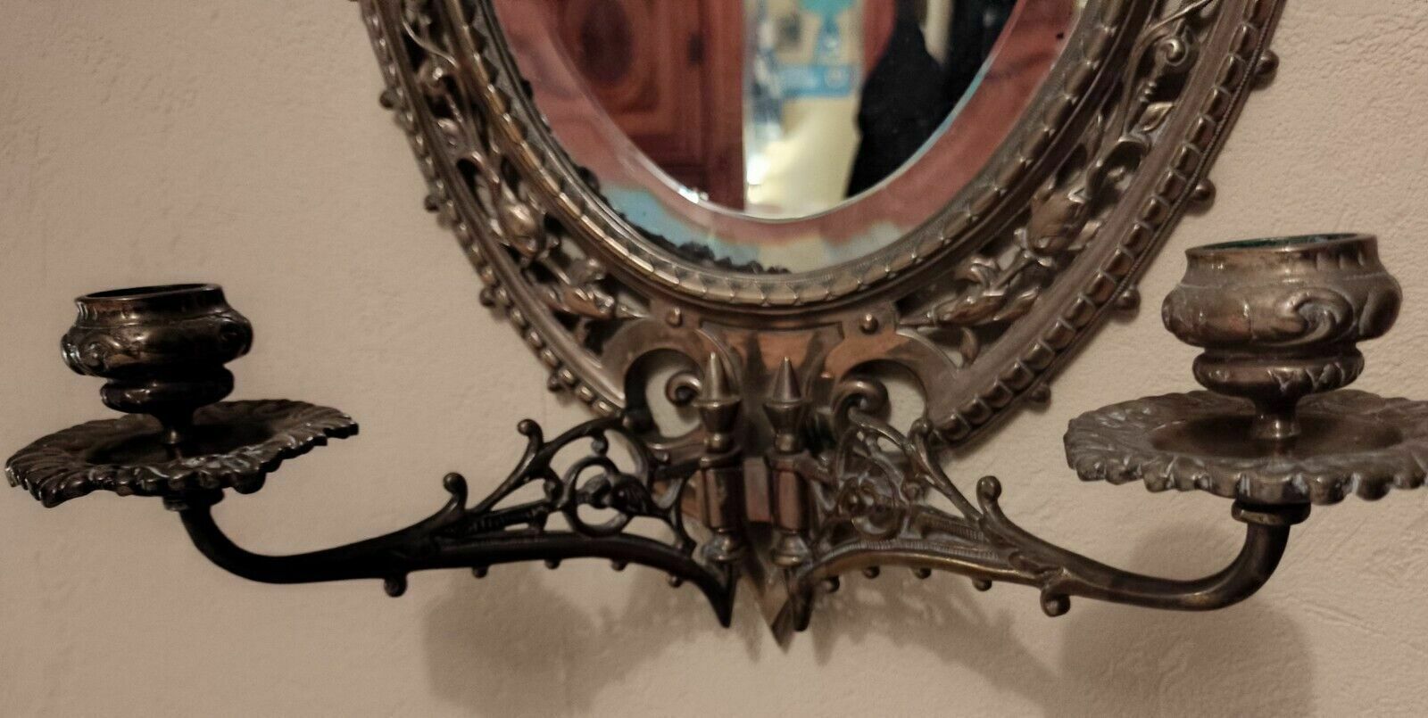475.0 Antique Solid Brass Victorian Gothic Revival Girandole Mirror With Candelabra photo