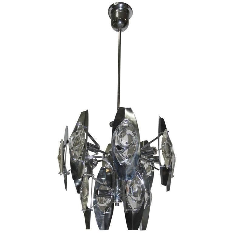 Esperia Sculpture Chandelier Steel And Glass, 1970s Oscar Torlasco