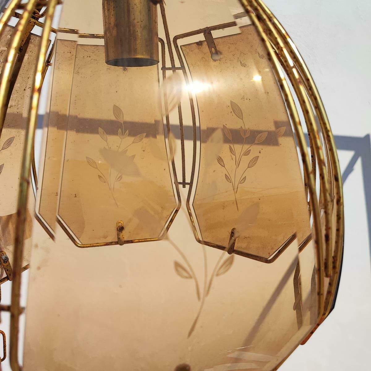 Vintage Silk Screened Metal And Glass Chandelier photo for sale