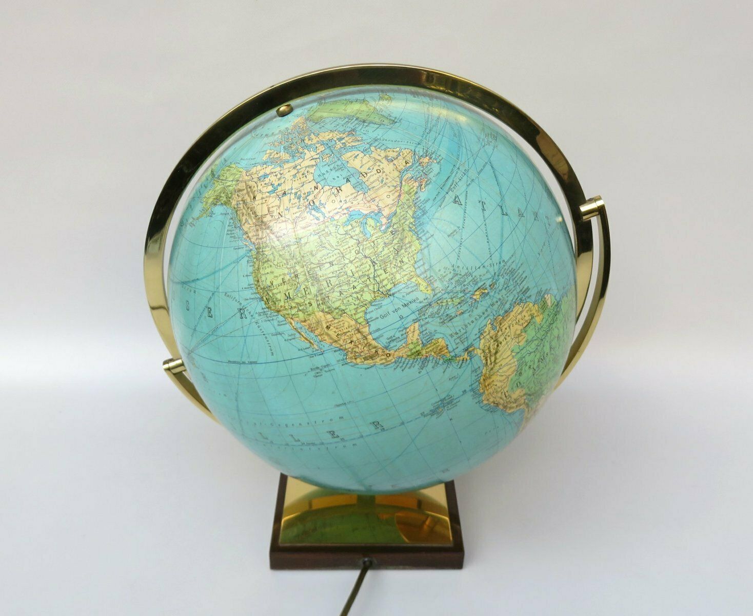 Columbus Duo Earth Globe In Ball Brass, Wood, Mouth Blown Glass, 1960s photo vintage
