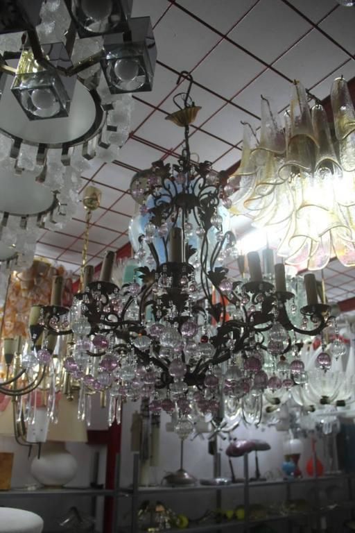 Large Chandelier In Gilded Metal Structure With Murano Glass, 1950s photo vinterior