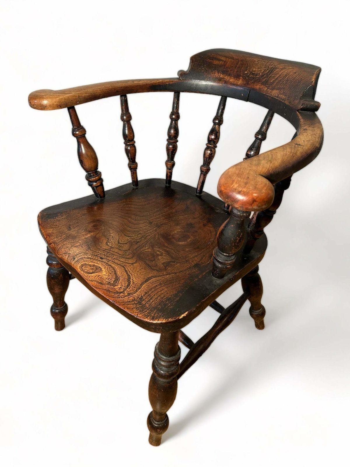 Exceptional Pair Of Early Antique English Elm & Yew Captains Elbow/Kitchen/Desk Chairs With Makers Initials & Original Oxidised Treacle Black/Red Pain photo vintage