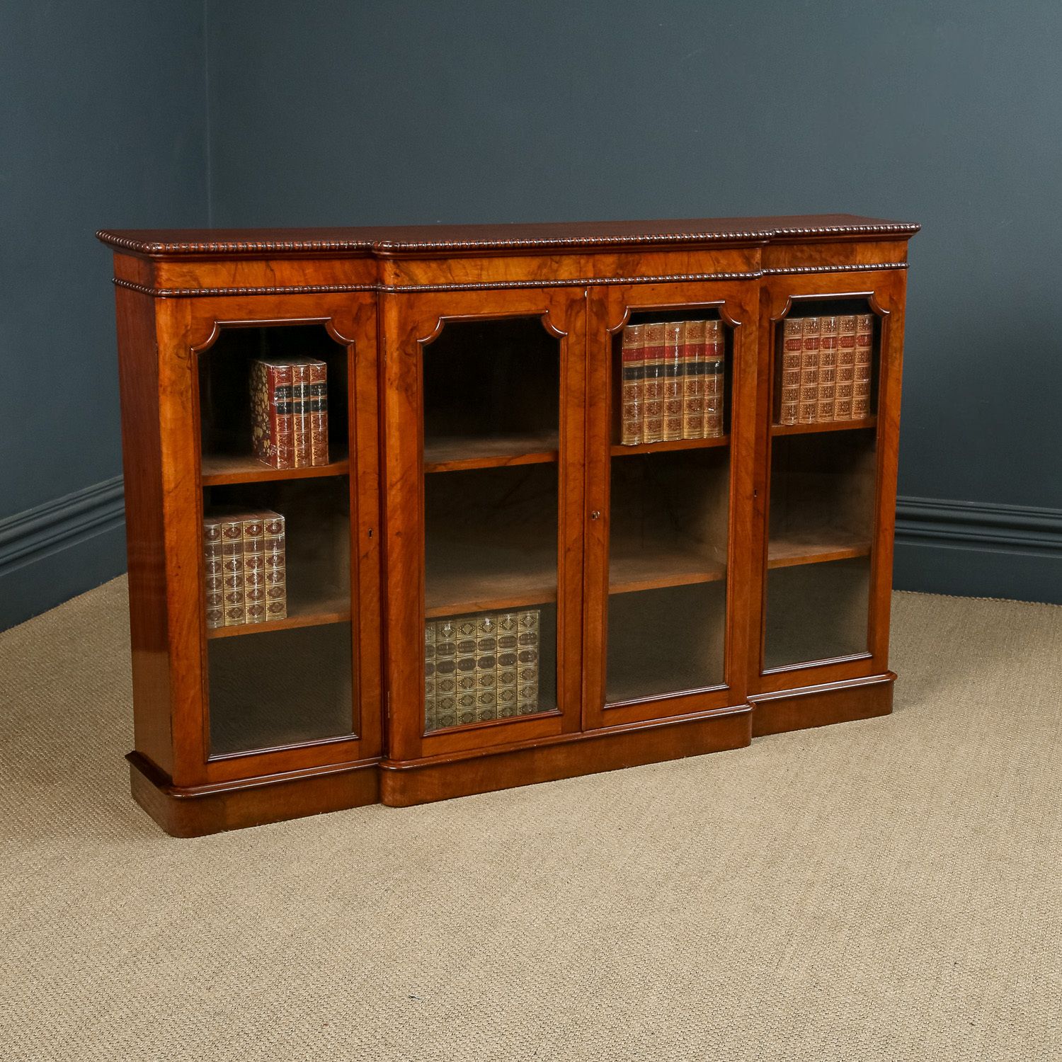 English Victorian Burr Walnut Glazed Breakfront Inlaid Display Bookcase (Circa 1860)