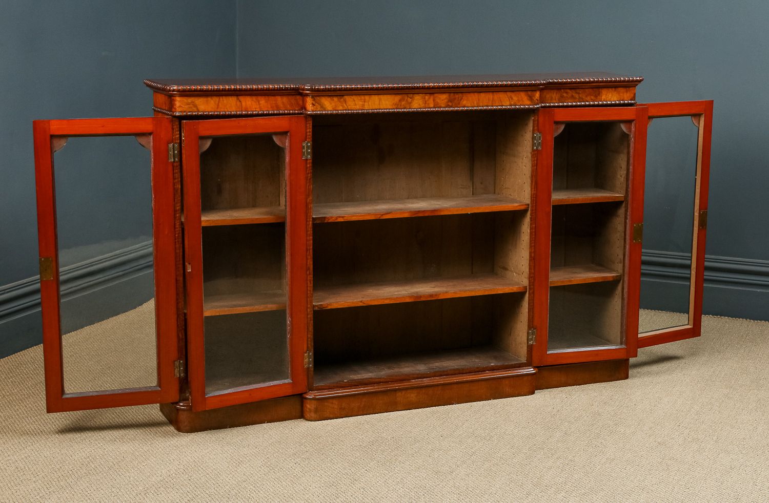English Victorian Burr Walnut Glazed Breakfront Inlaid Display Bookcase (Circa 1860) photo Furniture