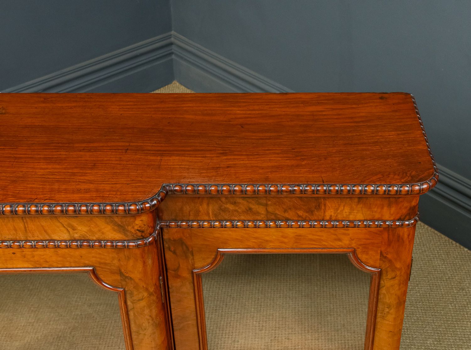 photo vinterior English Victorian Burr Walnut Glazed Breakfront Inlaid Display Bookcase (Circa 1860)