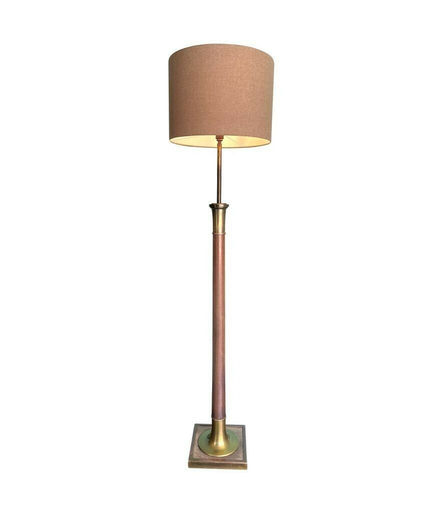 A Large 1950s Spanish Wooden And Brass Floor Lamp With Bespoke Natural Linen Drum Shade