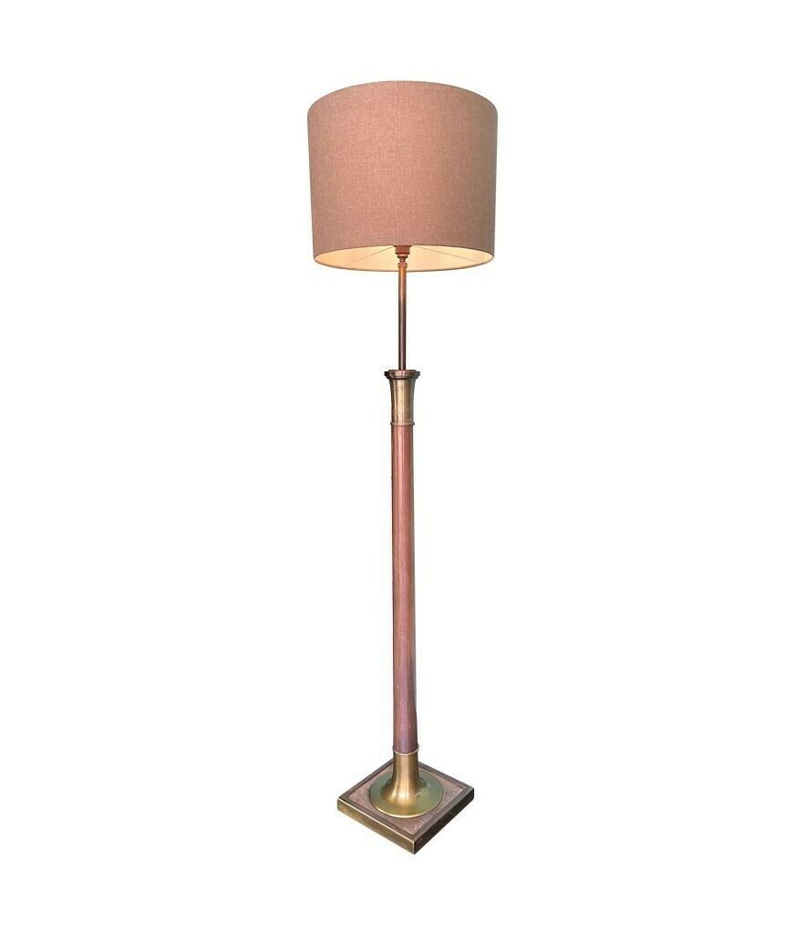 A Large 1950s Spanish Wooden And Brass Floor Lamp With Bespoke Natural Linen Drum Shade photo for sale