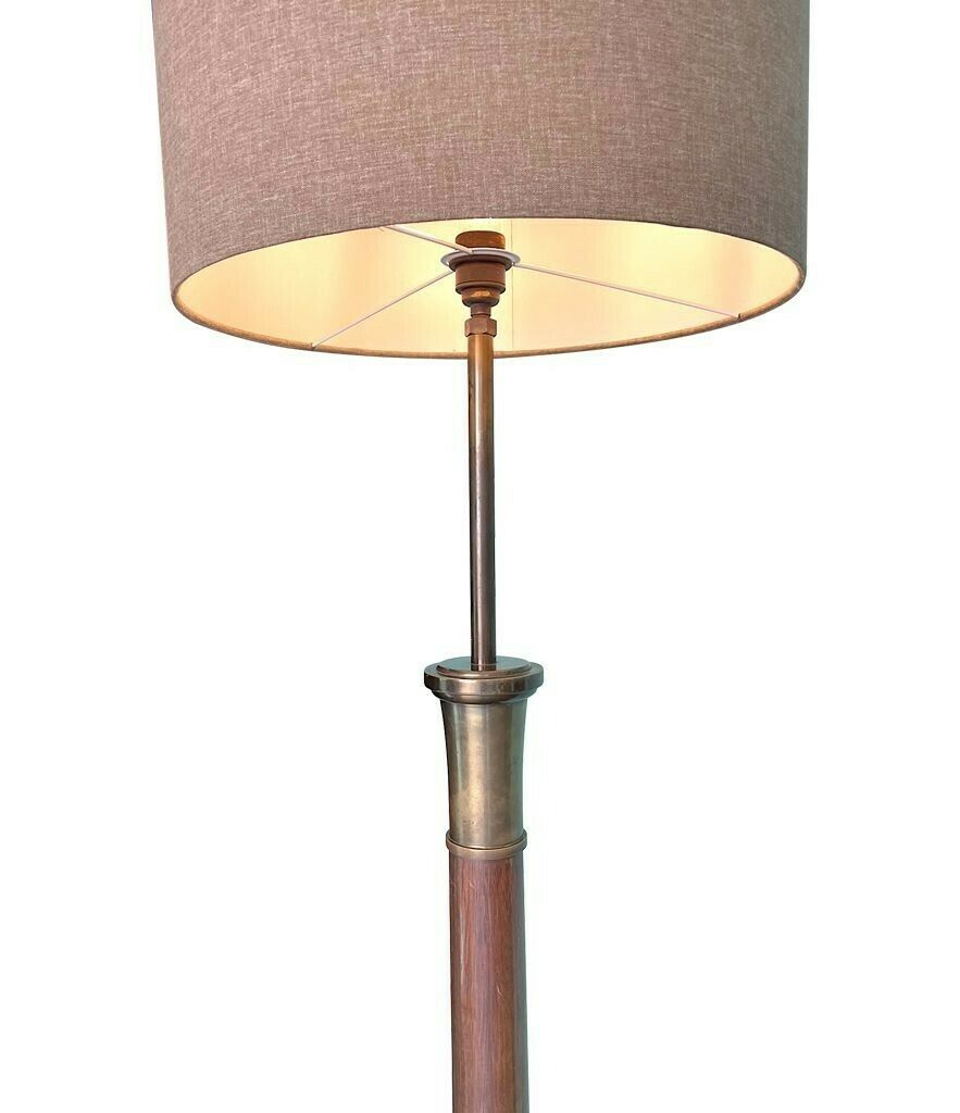 A Large 1950s Spanish Wooden And Brass Floor Lamp With Bespoke Natural Linen Drum Shade photo 1550.0