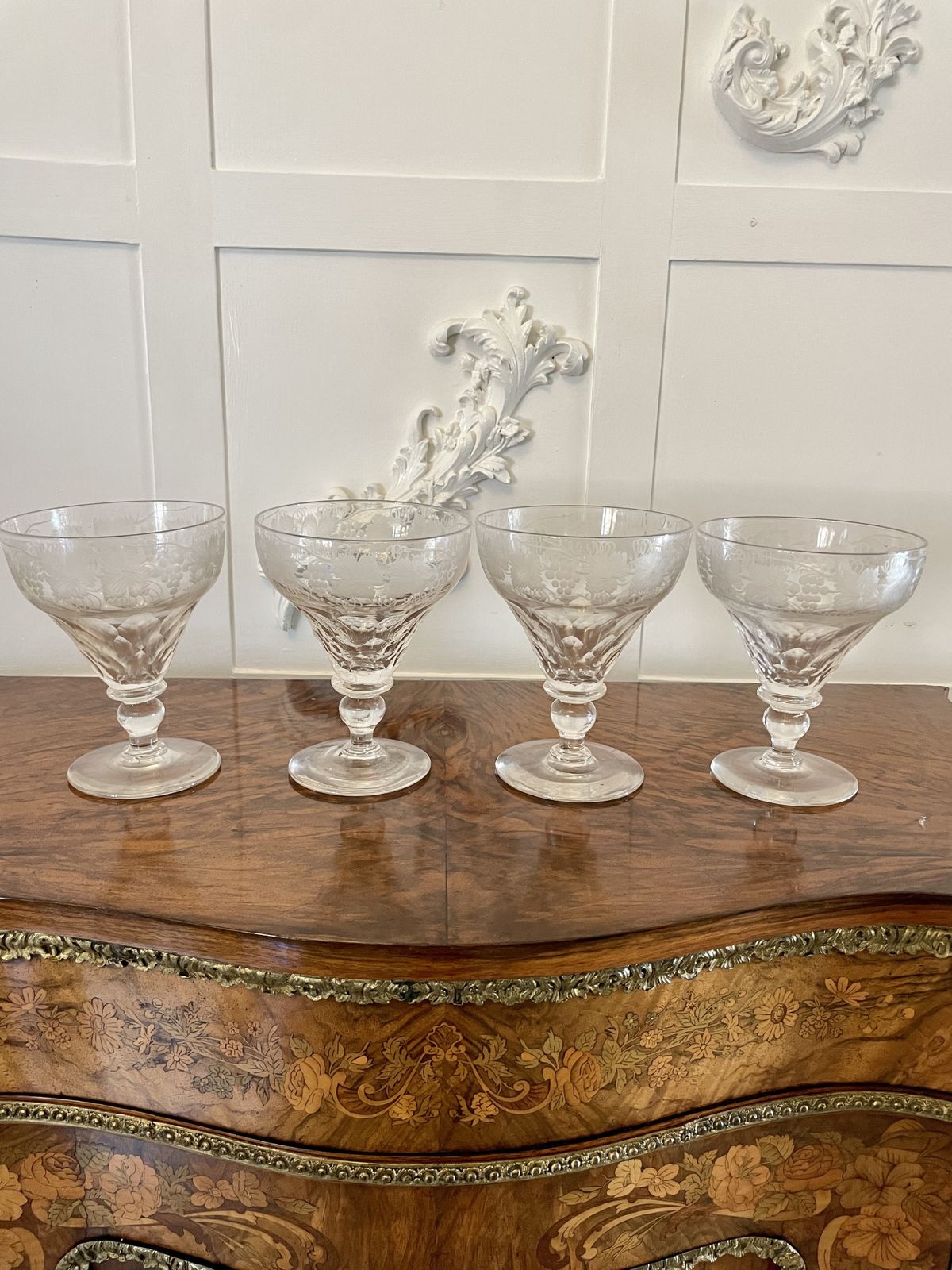 Unusual Large Set Of 4 Antique 19th Century Quality Engraved Glasses