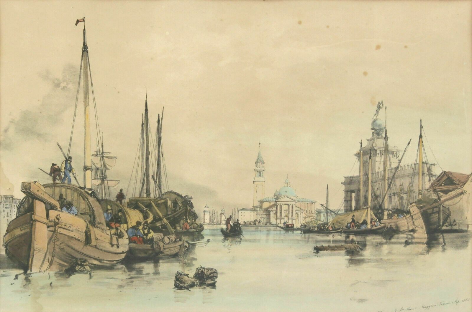 Hand Coloured Lithograph Titled "Dogana & Sta Maria, Maggiore Venice Sep 1834". photo furniture