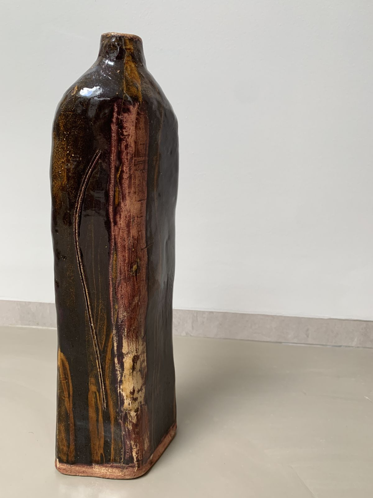 Elegant Tall Glazed Clay Vase With Unusual Markings. Hand Made. Vintage. photo for sale