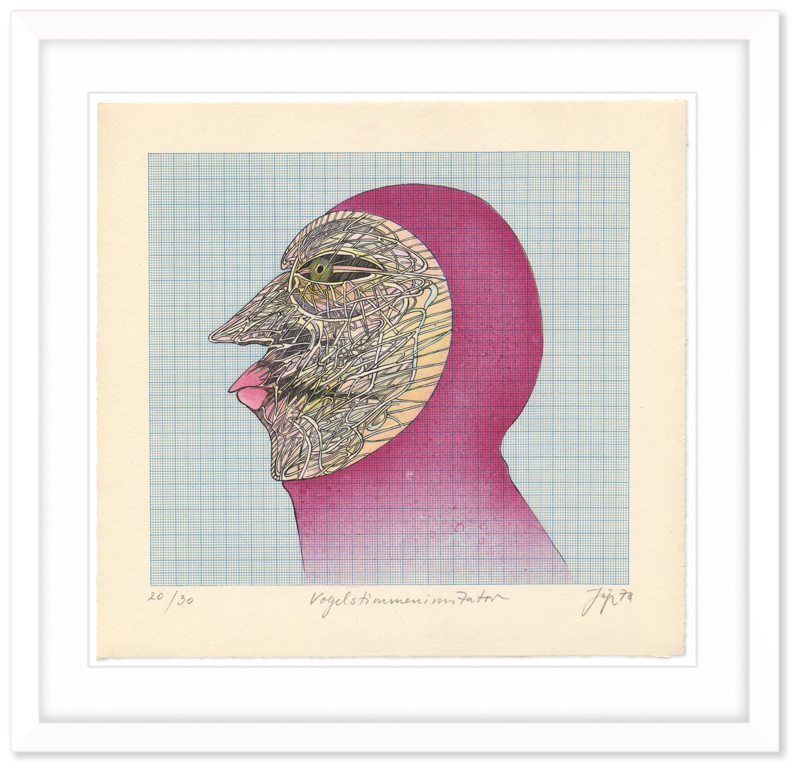 Surreal Signed Low Edition 1970s German Lithograph: Bernhard Jäger, “Birdsong Imitator (From The Mutanten Portfolio)”, 1974