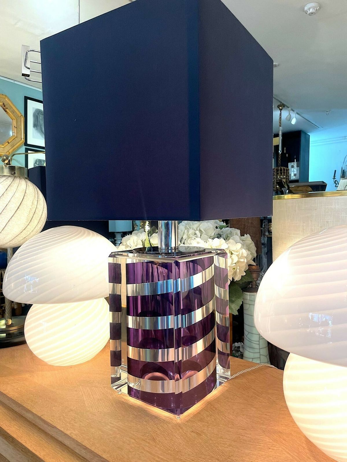 A Large Italian 1970s Romeo Rega Lucite And Chrome Lamp In Purple And Chrome photo for sale