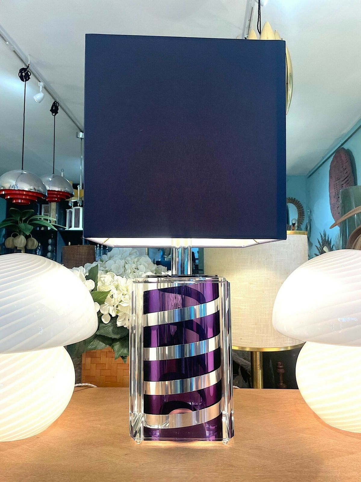 A Large Italian 1970s Romeo Rega Lucite And Chrome Lamp In Purple And Chrome photo Lighting