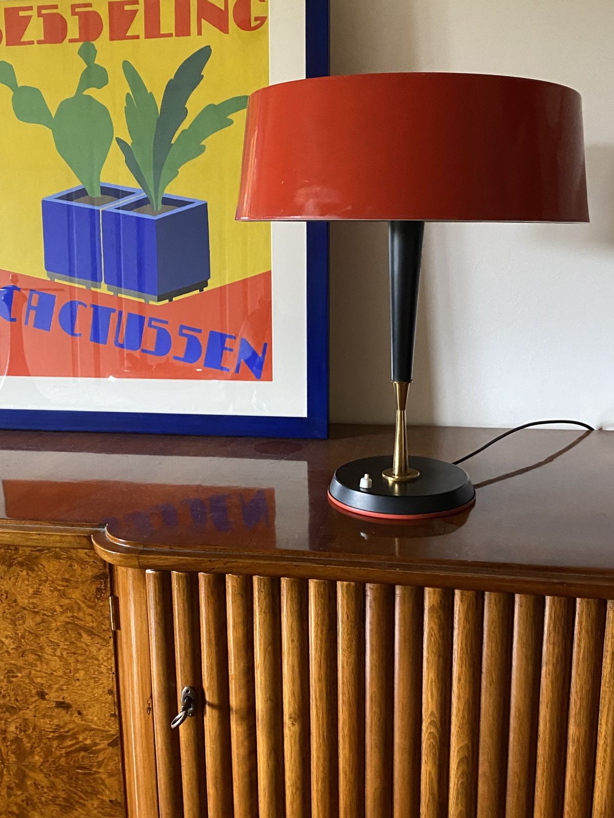 Oscar Torlasco, Mid Century Red Table Lamp, Lumi, Italy 1954 photo for sale