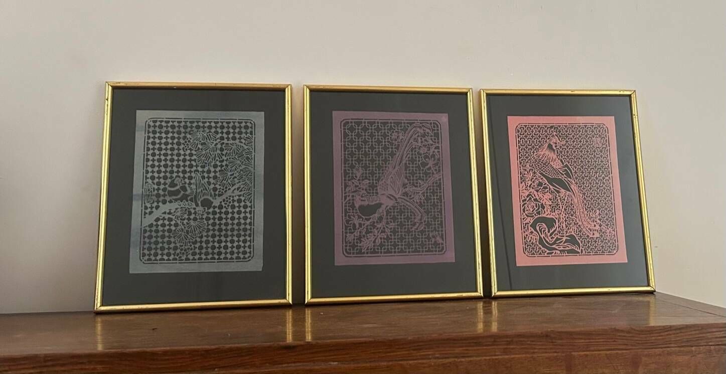 3 Bird Paintings In Vintage Chinese Cut Paper photo furniture