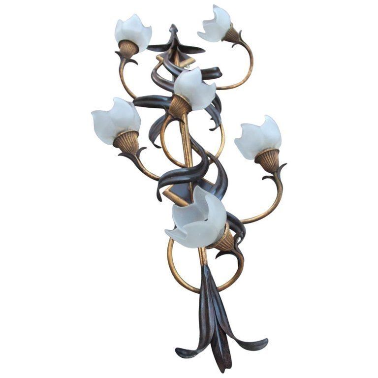 Vertical Big Sconce Modern Floreal Forged Metal Glass Hand Made In Italy Gold