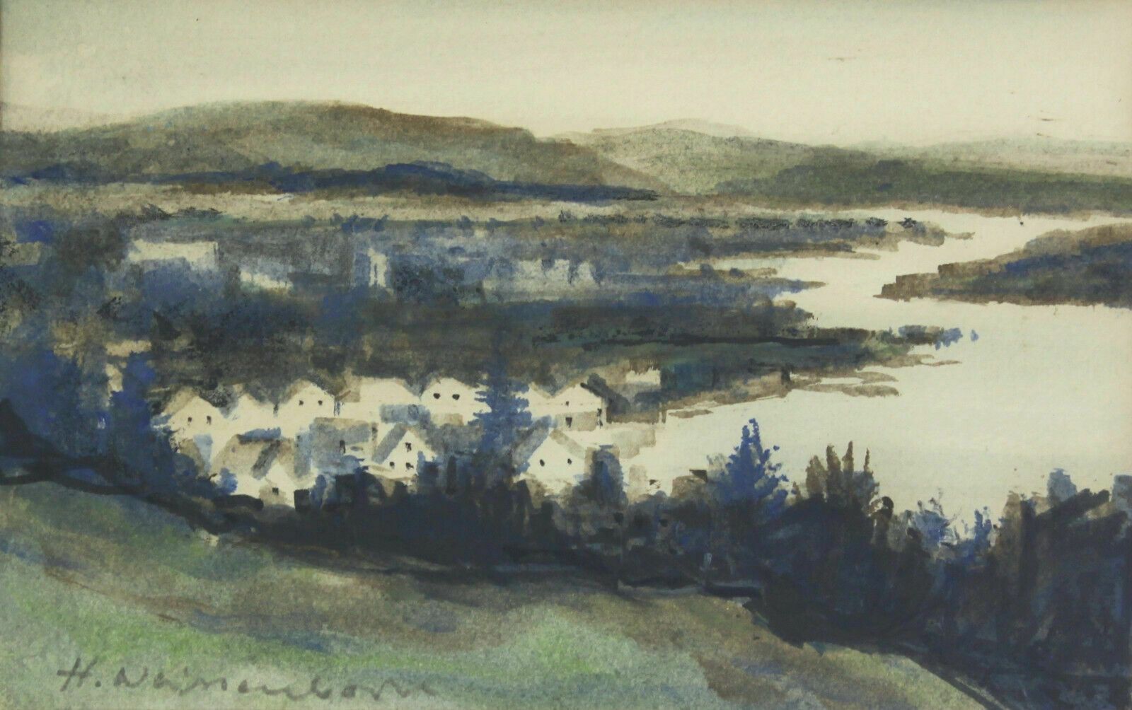 Watercolour By Hellmuth Weissenborn. Coastal Village Scene photo furniture