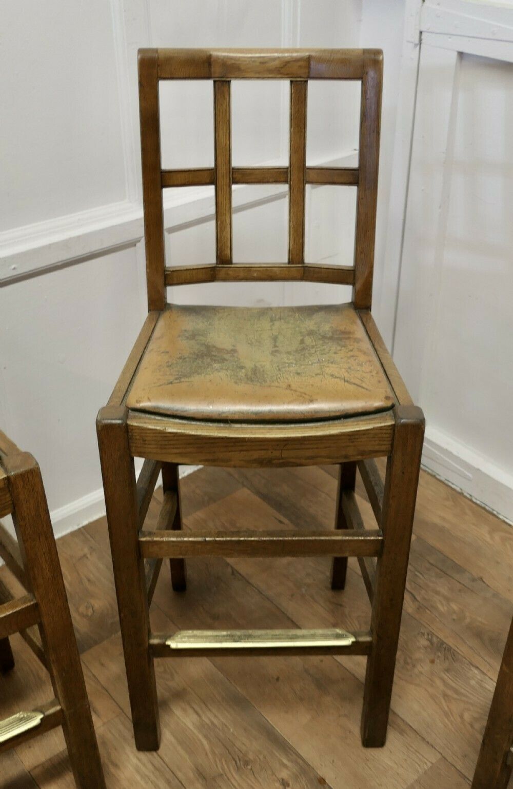 A Rare Trio Of Arts And Crafts High Bar Stools, In Golden Oak photo for sale