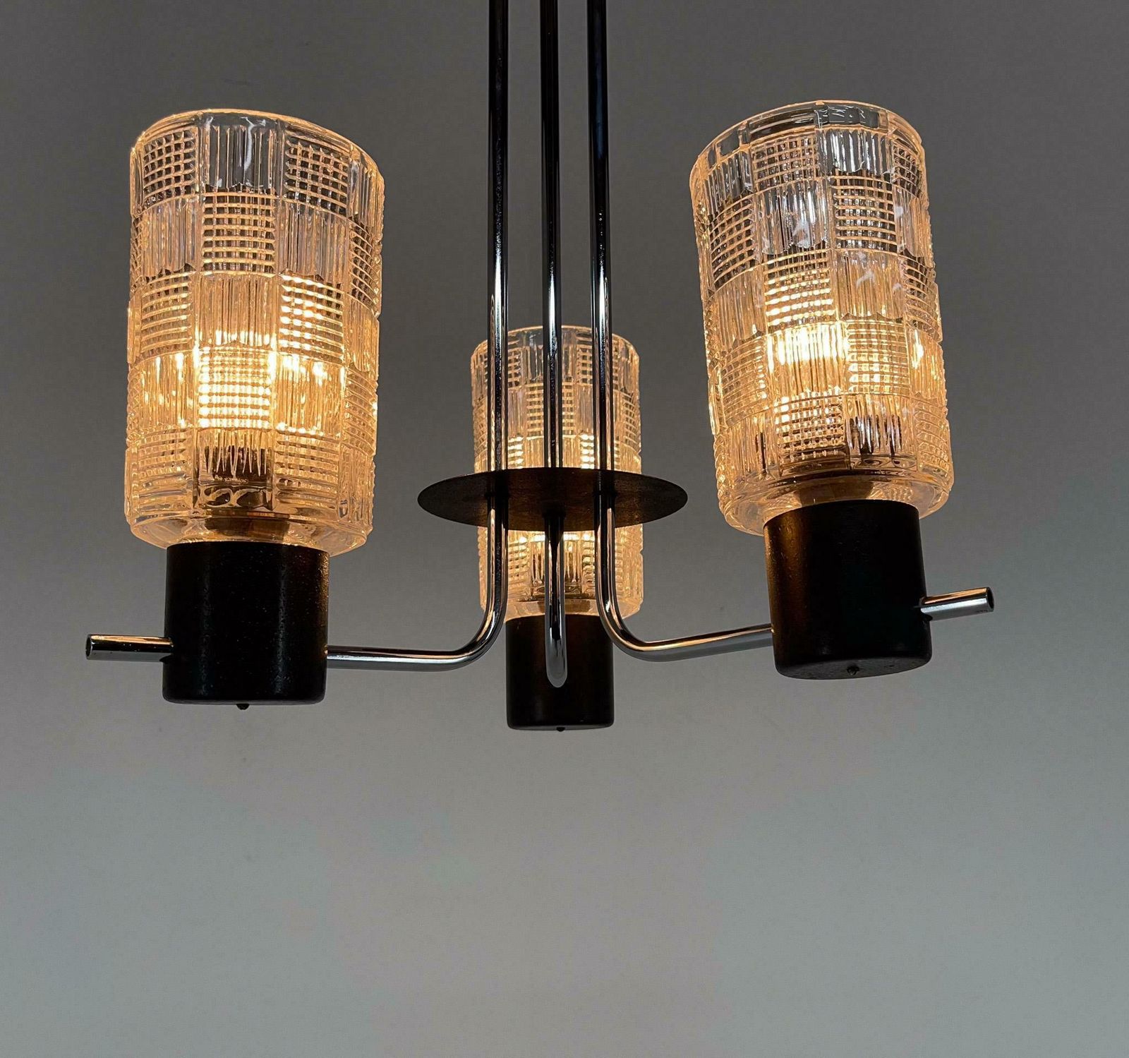 photo furniture 1970s Chrome, Glass & Metal Chandelier, Czechoslovakia