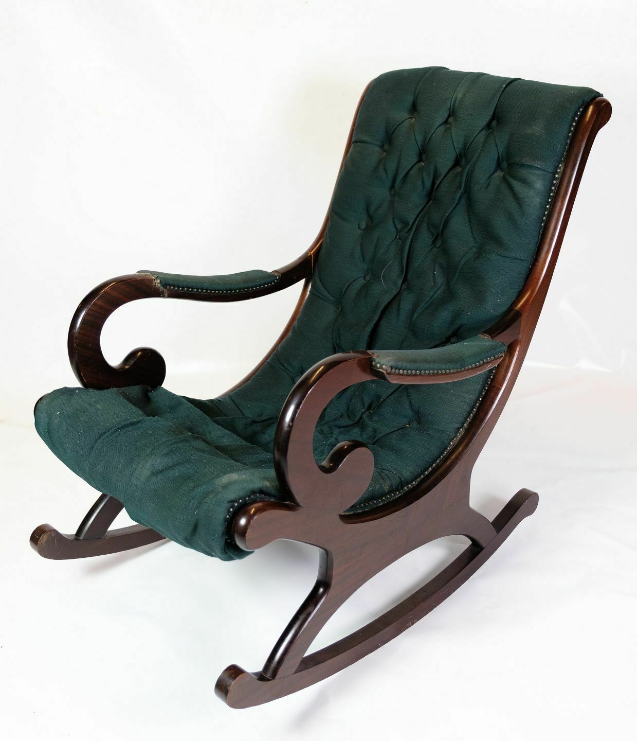 Rocking Chair In Green Wool Fabric & Mahogany From 1930s
