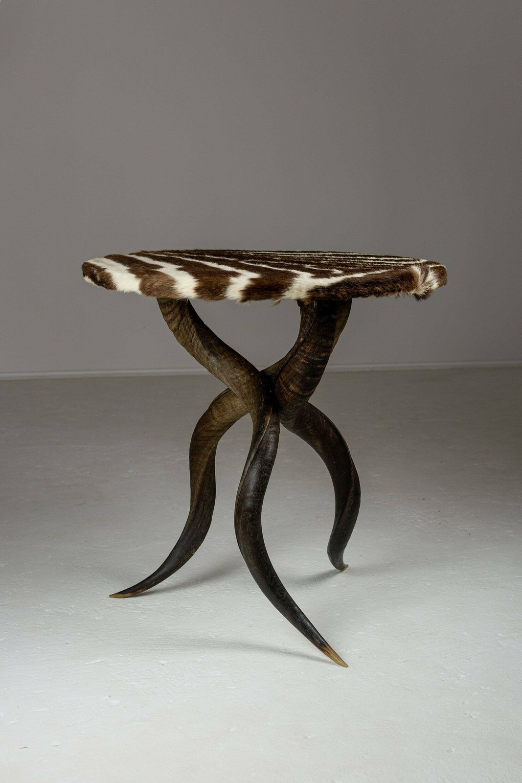 Rare Zebra Hide And Kudu Side Table. 20th Century Design. Unique End Table. Taxidermy