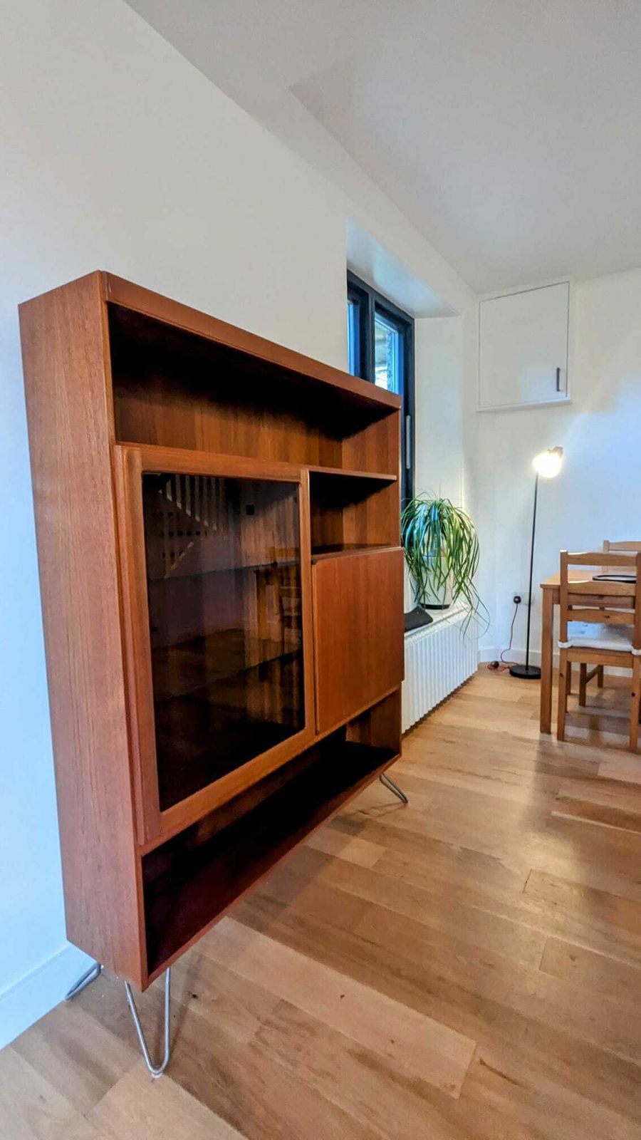 Beautiful, Vintage McIntosh Mid Century Teak Glass Display Drink Cabinet Hairpin Legs, 1970 photo furniture