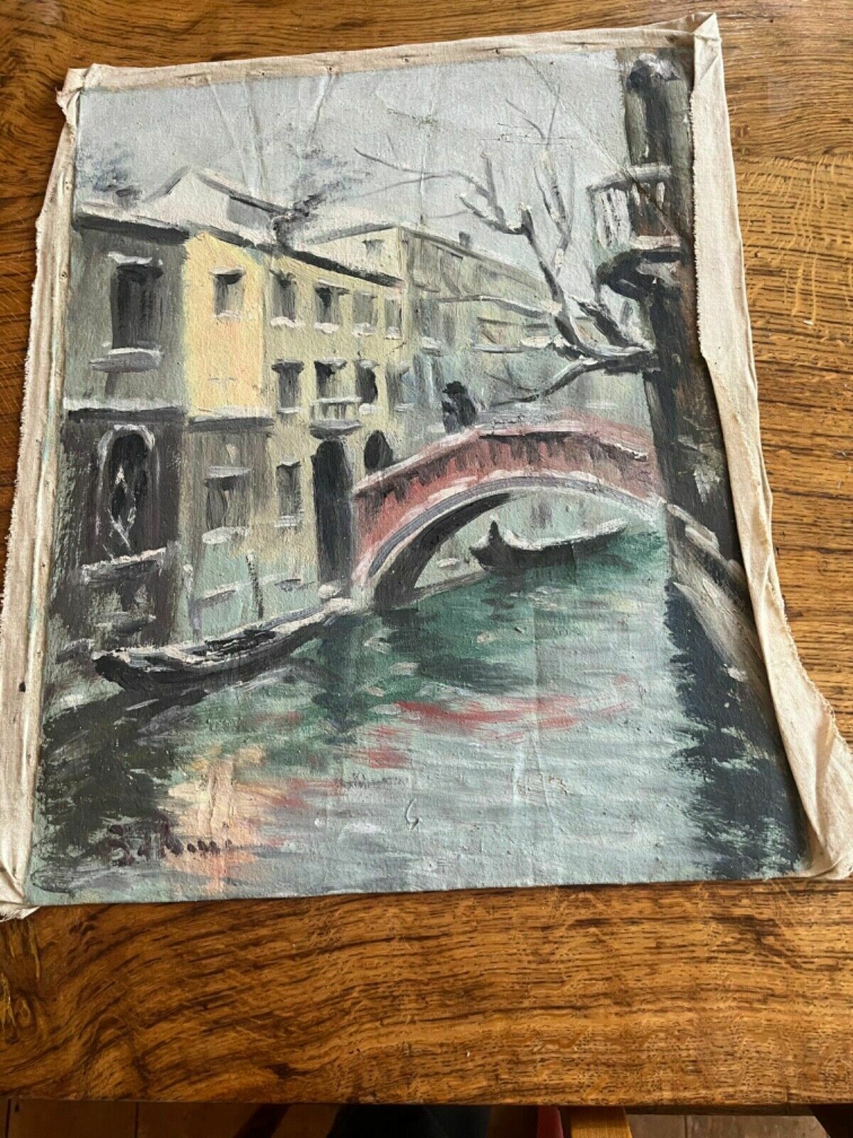 Oil On Canvas Painting Early 1900’s Canal In Venice Winter Scene Original Work photo 85.0