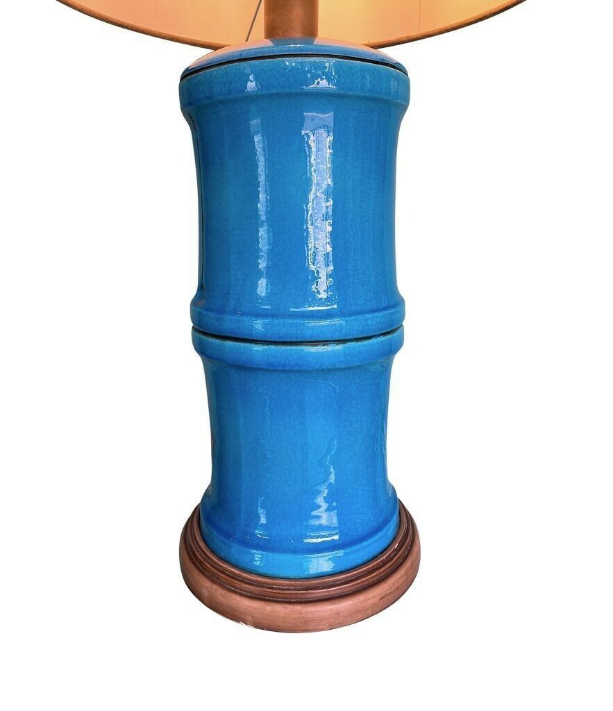 A 1970s Large Italian Faux Bamboo Ceramic Blue Lamp With Brass Fittings photo for sale