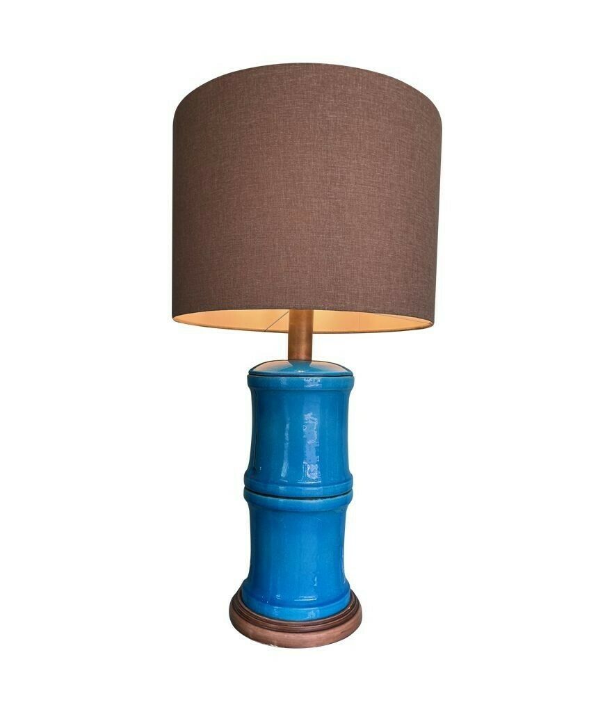 photo furniture A 1970s Large Italian Faux Bamboo Ceramic Blue Lamp With Brass Fittings