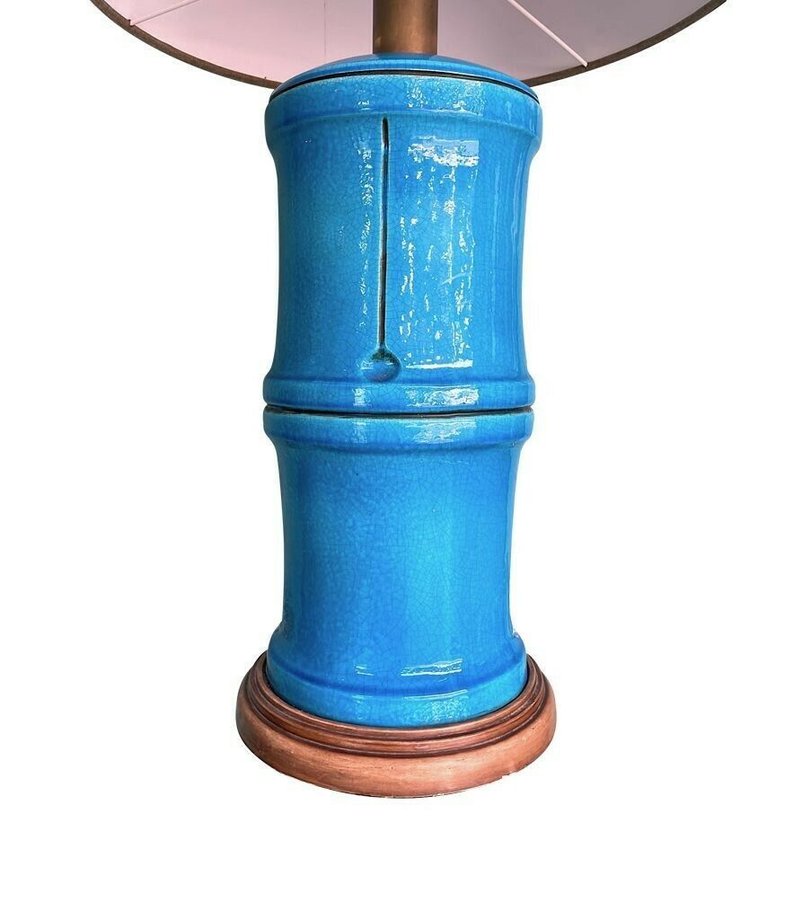 1750.0 A 1970s Large Italian Faux Bamboo Ceramic Blue Lamp With Brass Fittings photo