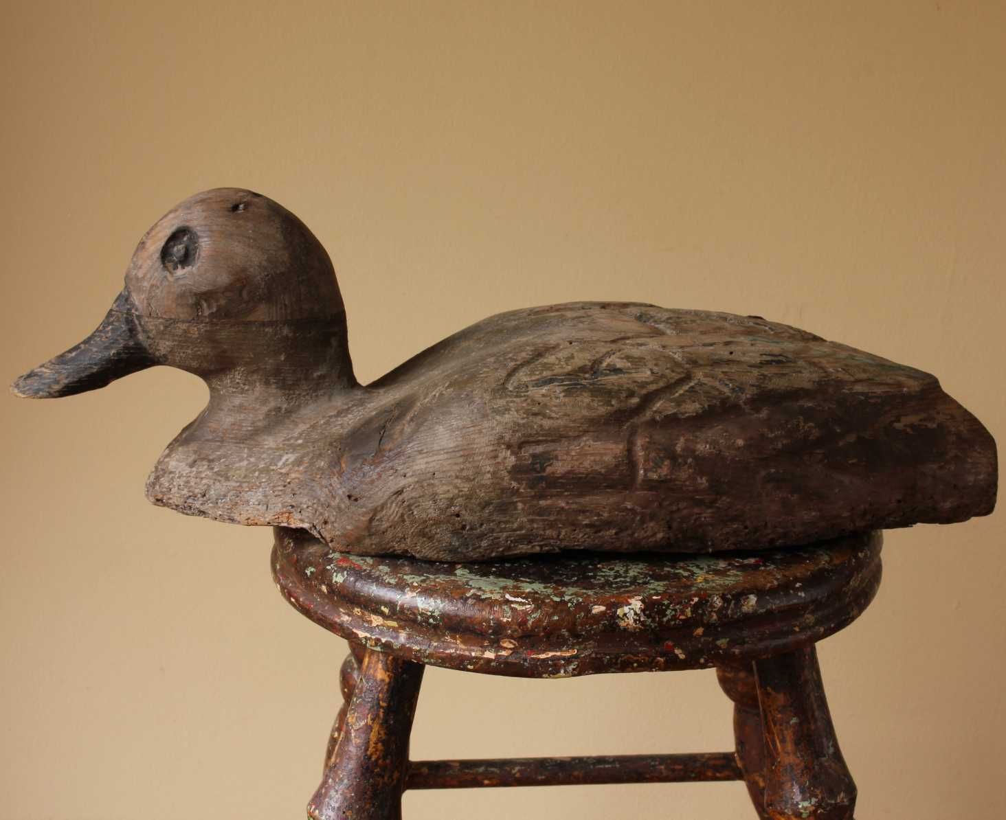 Antique French Wood Decoy Duck. Folk Art Rustic Decorative Water Bird.