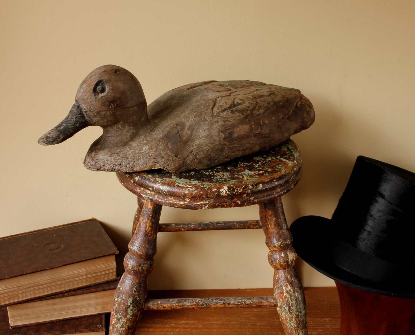 Antique French Wood Decoy Duck. Folk Art Rustic Decorative Water Bird. photo furniture