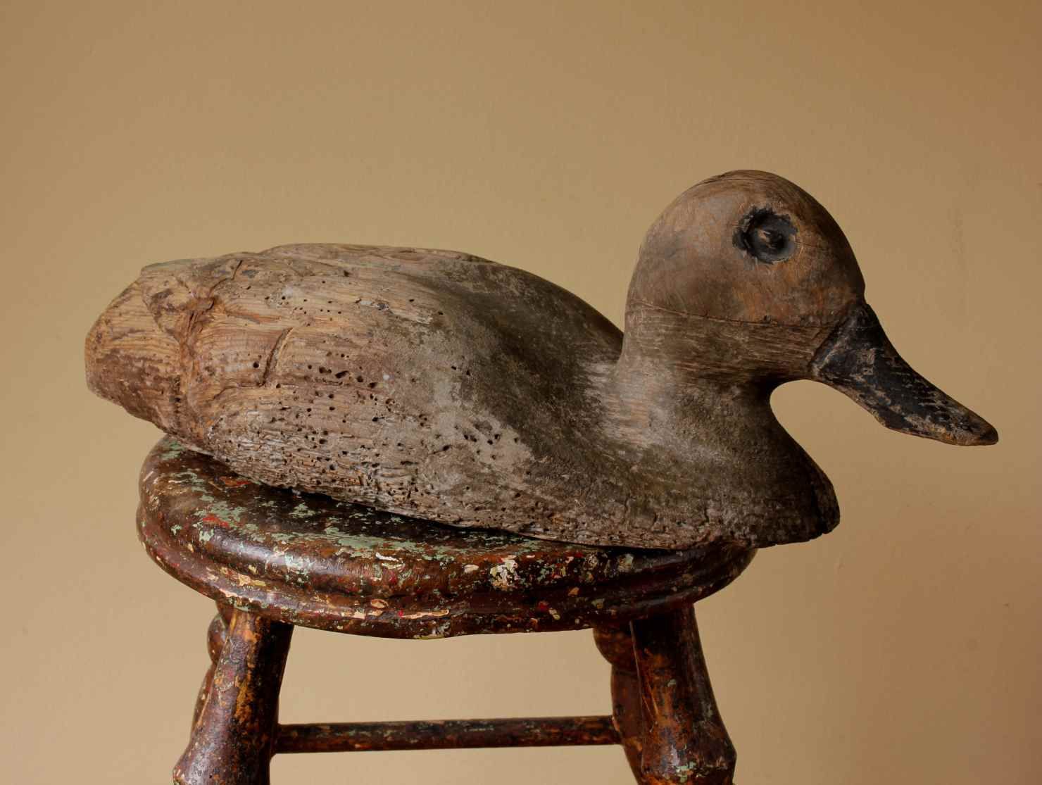 photo for sale Antique French Wood Decoy Duck. Folk Art Rustic Decorative Water Bird.