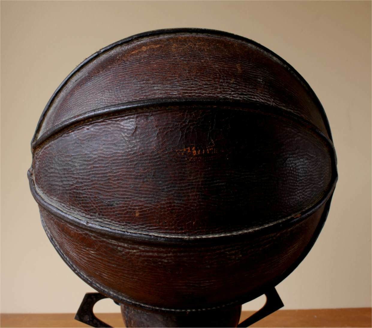 photo furniture Antique 8 Panel Laced Leather Basketball. Spalding Outseam Ball. C1915.