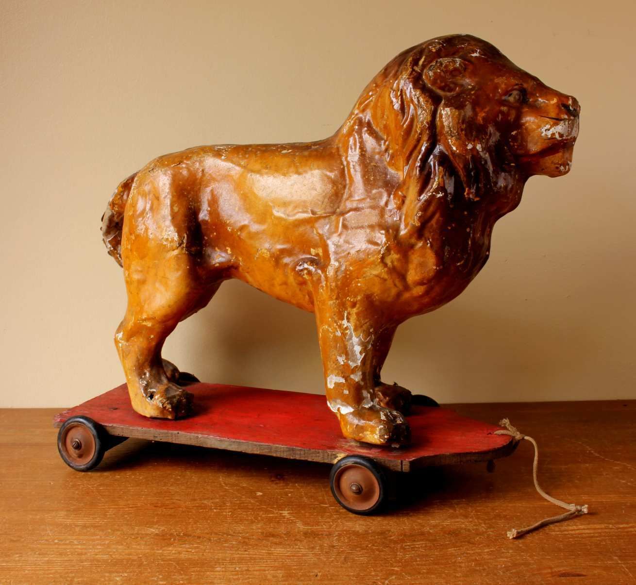 French Pull Along Lion. Paper Mache Model Animal Decorative Toy Trolley.